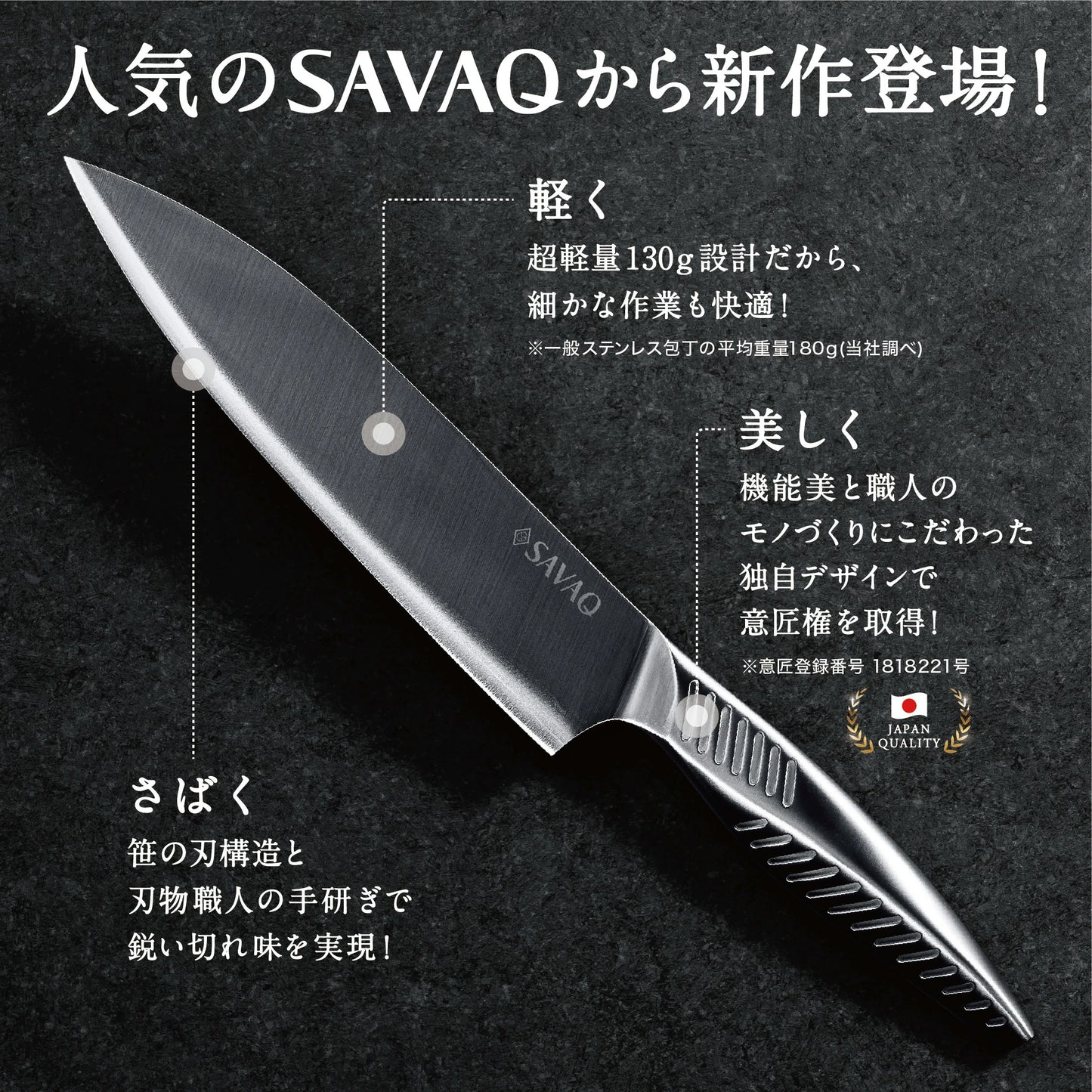 SAVAQ（サバク）三徳包丁 シャープナー 食洗機対応 (三徳包丁185mm・シャープナー 2点セット)